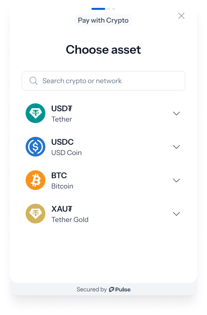 Pulse embedded checkout start screen for choosing USDT, USDC, Bitcoin or Tether Gold